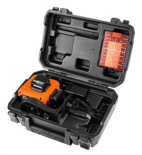 Neo Tools Lézeres szintező, 3D önbeálló keresztvonallézer, 3x360 fokos, 15m, mágneses tartó, céltábla, koffer, piros