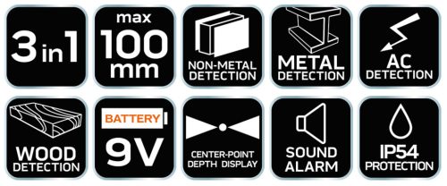 Neo Tools Faldetektor, 3az1-ben, fém, fa, feszültség