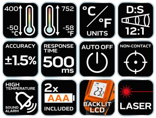 Neo Tools Infra hőmérő, 50-400°C, folyadék, levegő, test