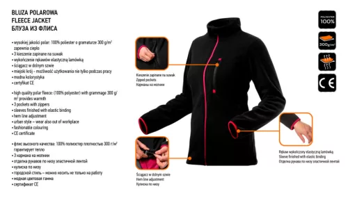 Neo Tools Női polár munkavédelmi pulóver, fekete, 300g/m2, M