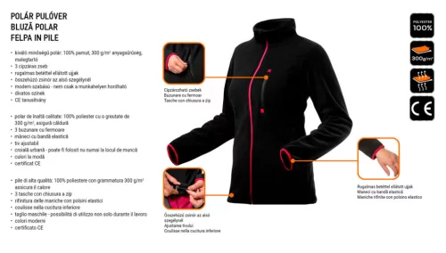 Neo Tools Női polár munkavédelmi pulóver, fekete, 300g/m2, XL