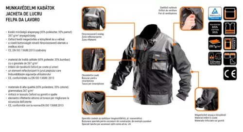 Neo Tools Munkavédelmi kabát, HD, XL/56 65% poliészter, 35% pamut, 267g/m2, vékony fényvisszaverő csíkok