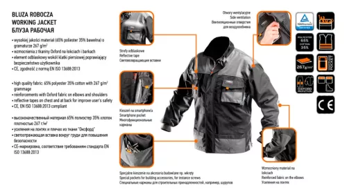 Neo Tools Munkavédelmi kabát, HD, XXL/58 65% poliészter, 35% pamut, 267g/m2, vékony fényvisszaverő csíkok
