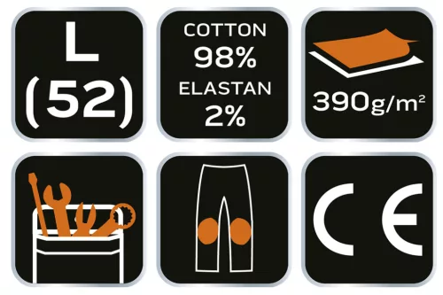 Neo Tools Farmer munkásnadrág, Denim, 98% pamut, térdvédő betét zsebbel, gombos oldalzsebekkel, 255 g/m2, L