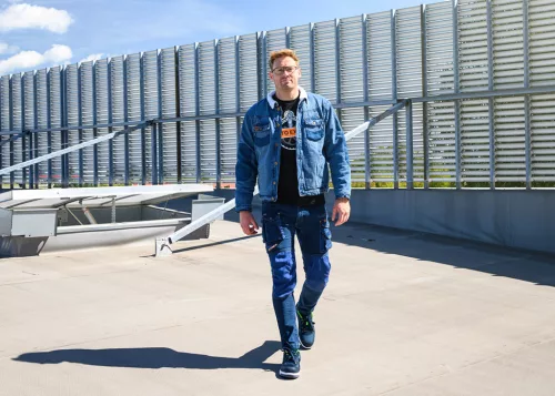 Neo Tools Farmer munkásnadrág, Denim, 98% pamut, térdvédő betét zsebbel, gombos oldalzsebekkel, 255 g/m2, M