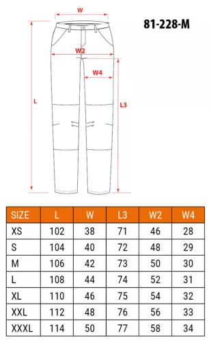 Neo Tools Farmer munkásnadrág, Denim, 98% pamut, térdvédő betét zsebbel, gombos oldalzsebekkel, 255 g/m2, M