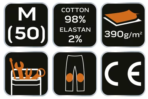 Neo Tools Farmer munkásnadrág, Denim, 98% pamut, térdvédő betét zsebbel, gombos oldalzsebekkel, 255 g/m2, M