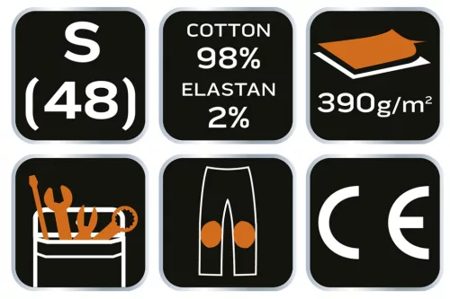 Neo Tools Farmer munkásnadrág, Denim, 98% pamut, térdvédő betét zsebbel, gombos oldalzsebekkel, 255 g/m2, S