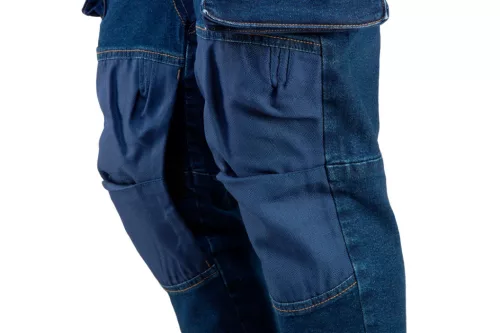 Neo Tools Farmer munkásnadrág, Denim, 98% pamut, térdvédő betét zsebbel, gombos oldalzsebekkel, 255 g/m2, XL