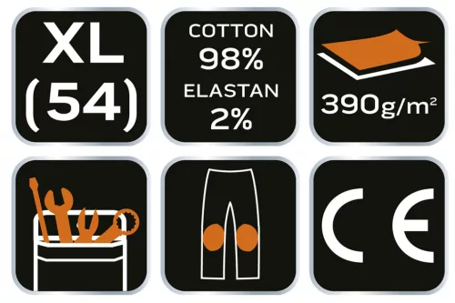 Neo Tools Farmer munkásnadrág, Denim, 98% pamut, térdvédő betét zsebbel, gombos oldalzsebekkel, 255 g/m2, XL