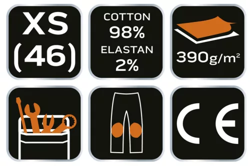 Neo Tools Farmer munkásnadrág, Denim, 98% pamut, térdvédő betét zsebbel, gombos oldalzsebekkel, 255 g/m2, XS