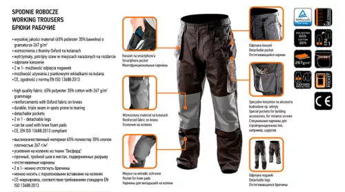 Neo Tools Munkásnadrág, HD, S/48 65% poliészter, 35% pamut, 267g/m2, térdprotektor zseb, térd alatt lezippzározható, S