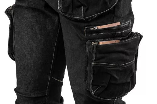 Neo Tools Farmer munkásnadrág, Denim, fekete, cipzáros oldalzsebekkel, 98% pamut, 410 g/m2, M