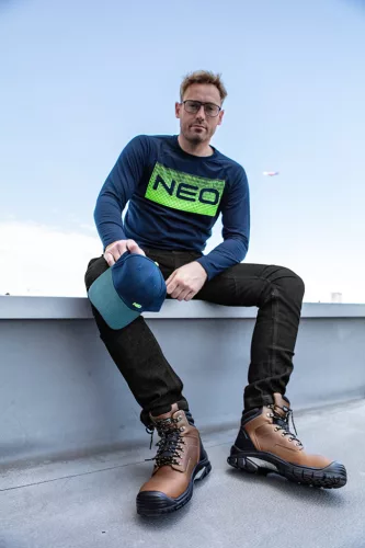 Neo Tools Farmer munkásnadrág, Denim, fekete, cipzáros oldalzsebekkel, 98% pamut, 410 g/m2, S