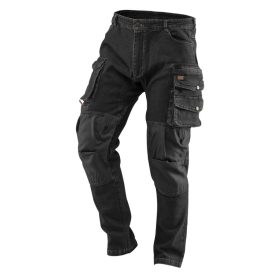   Neo Tools Farmer munkásnadrág, Denim, fekete, 98% pamut, térdvédő zseb, gombos oldalzsebek, 255 g/m2, L