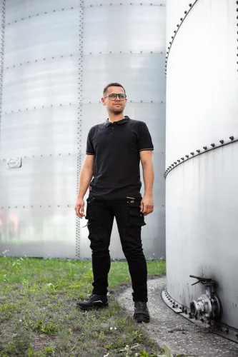 Neo Tools Farmer munkásnadrág, Denim, fekete, 98% pamut, térdvédő zseb, gombos oldalzsebek, 255 g/m2, XL