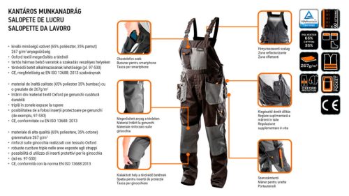 Neo Tools Kantáros munkásnadrág, HD, L/54 65% poliészter, 35% pamut, 267g/m2, térdprotektor zseb, fényvisszaverő, LD