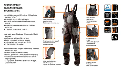 Neo Tools Kantáros munkásnadrág, HD, S/48 65% poliészter, 35% pamut, 267g/m2, térdprotektor zseb, fényvisszaverő, S