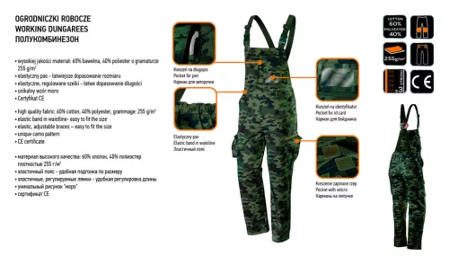 Neo Tools Kantáros, terepmintás munkásnadrág, CAMO, 60% pamut, 40% polyester, 255 g/m2, XXXL
