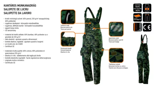 Neo Tools Kantáros, terepmintás munkásnadrág, CAMO, 60% pamut, 40% polyester, 255 g/m2, XXXL