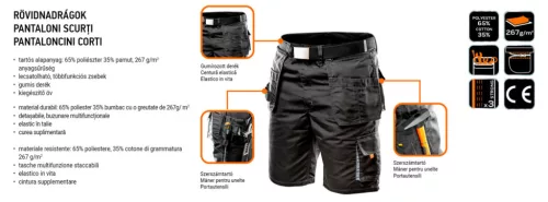 Neo Tools Munkás rövidnadrág, HD, heveder övvel, levehető zsebek, XL/56