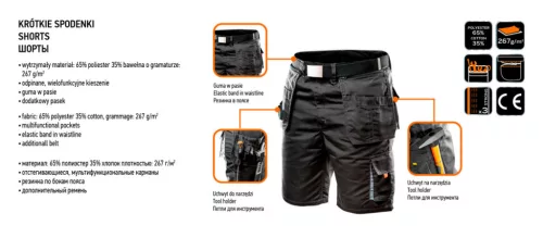 Neo Tools Munkás rövidnadrág, HD, heveder övvel, levehető zsebek, XXL/58