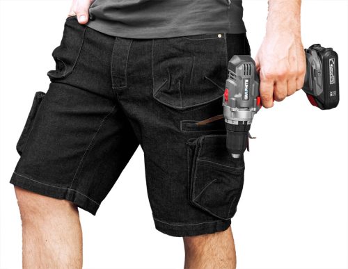 Neo Tools Farmer munkás rövidnadrág, Denim, fekete, cipzáros oldalzsebekkel, 98% pamut, 410g/m2, XL