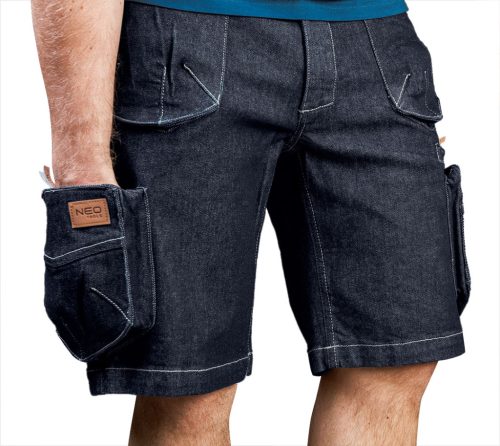 Neo Tools Farmer munkás rövidnadrág, Denim, cipzáros oldalzsebekkel, 98% pamut, 410g/m2, XXL