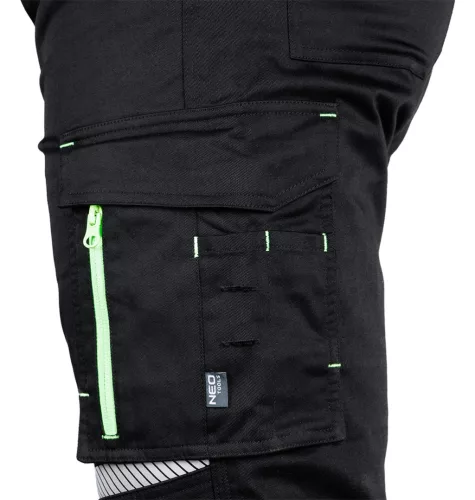 Neo Tools Munkásnadrág Mix&Match, 240g/m2, külső zsebek, profilozott térdbetét, fényvisszav. betétek, fek., XS