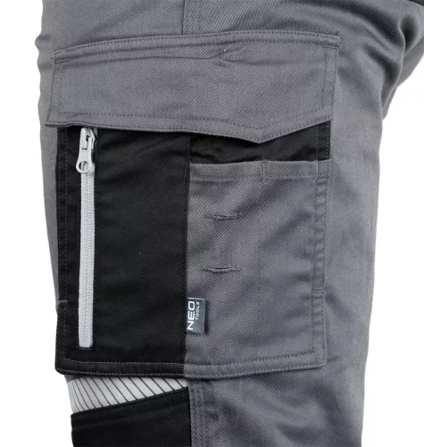 Neo Tools Munkásnadrág Mix&Match, 240g/m2, külső zsebek, profilozott térdbetét, fényvisszav. betétek, szürke-fek., XXXL