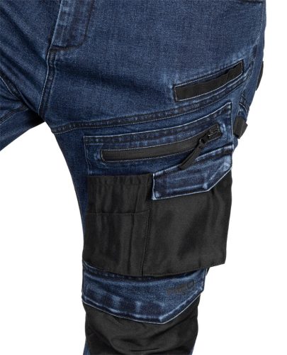 Neo Tools Farmer munkásnadrág, Denim, 82% pamut, Oxford szövet, térdvédő betét, cippzáras zsebek, kék-fekete, M