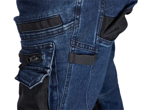 Neo Tools Farmer munkásnadrág, Denim, 82% pamut, Oxford szövet, térdvédő betét, cippzáras zsebek, kék-fekete, XXXL