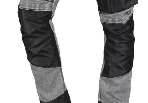 Neo Tools Farmer munkásnadrág, Denim, 82% pamut, Oxford szövet, térdvédő betét, cippzáras zsebek, szürke-fekete, M