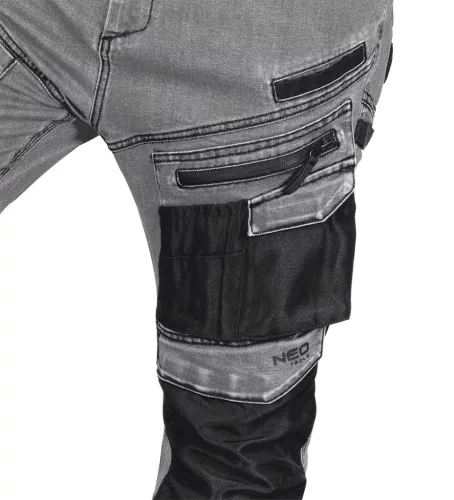 Neo Tools Farmer munkásnadrág, Denim, 82% pamut, Oxford szövet, térdvédő betét, cippzáras zsebek, szürke-fekete, S
