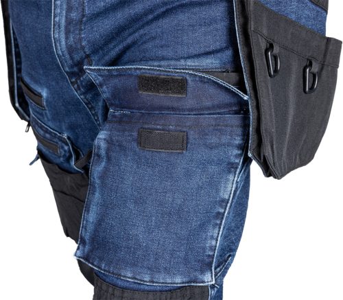 Neo Tools Farmer munkásnadrág, Denim, 82% pamut, Oxford szövet, Cordura betétek, cippzáras zsebek, kék-fekete, XL