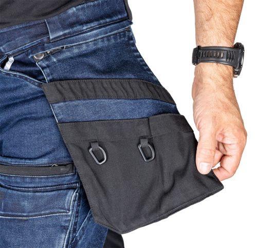 Neo Tools Farmer munkásnadrág, Denim, 82% pamut, Oxford szövet, Cordura betétek, cippzáras zsebek, kék-fekete, XS