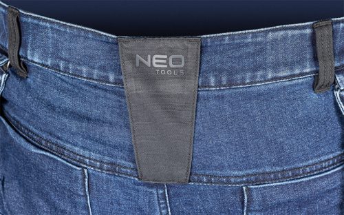 Neo Tools Farmer munkásnadrág, Denim, 82% pamut, Oxford szövet, Cordura betétek, cippzáras zsebek, kék-fekete, XXL