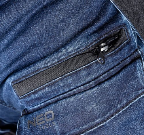Neo Tools Farmer munkásnadrág, Denim, 82% pamut, Oxford szövet, Cordura betétek, cippzáras zsebek, kék-fekete, XXL