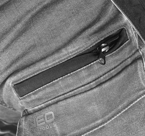 Neo Tools Farmer munkásnadrág, Denim, 82% pamut, Oxford szövet, Cordura betétek, cippzáras zsebek, szürke-fekete, M