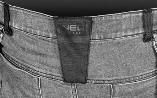 Neo Tools Farmer munkásnadrág, Denim, 82% pamut, Oxford szövet, Cordura betétek, cippzáras zsebek, szürke-fekete, XXXL