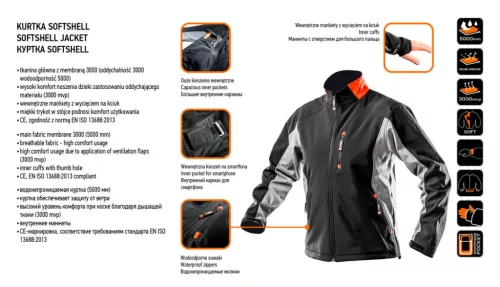 Neo Tools Softshell munkavédelmi kabát, víz- és szélálló, XXL/58 vízálló (5000mm), szellőztető szelepek (3000mpv), XXL