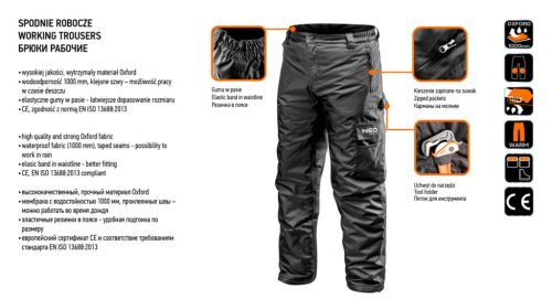 Neo Tools Extrán szigetelt munkásnadrág, Oxford szövet, XXXL