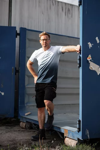 Neo Tools Munkavédelmi póló, kék árnyékmintás, Denim, 100% pamut, 180g/m2, L