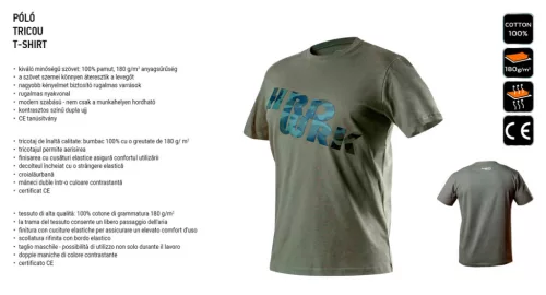 Neo Tools Munkavédelmi póló, CAMO, feliratos, olíva, 100% pamut, 180g/m2, M