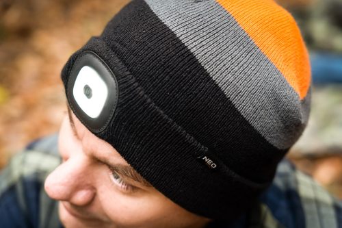 Neo Tools Kötött munkasapka, beépített LED lámpával, fekete-szürke-narancs, Premium, téli