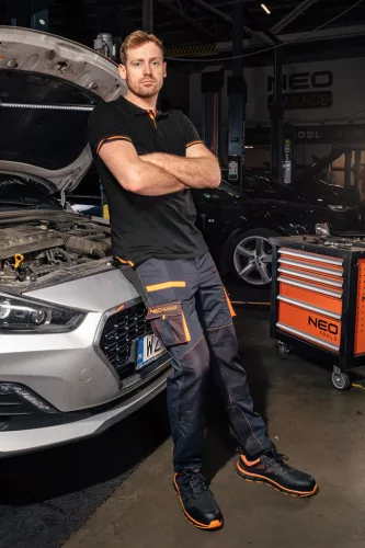 Neo Tools Munkavédelmi póló, fekete, galléros, Garage, pique, 100% pamut, 195g/m2, L