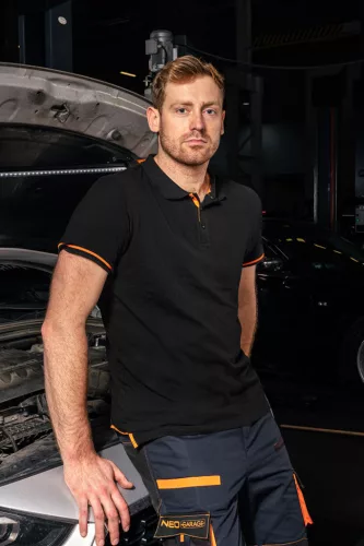 Neo Tools Munkavédelmi póló, fekete, galléros, Garage, pique, 100% pamut, 195g/m2, XL