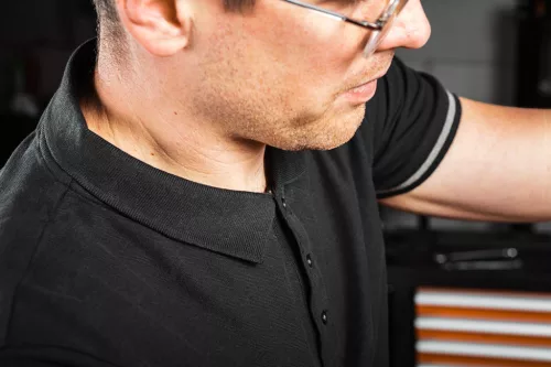 Neo Tools Munkavédelmi póló, galléros, Denim, fekete, pique, 100% pamut, 196g/m2, XXXL