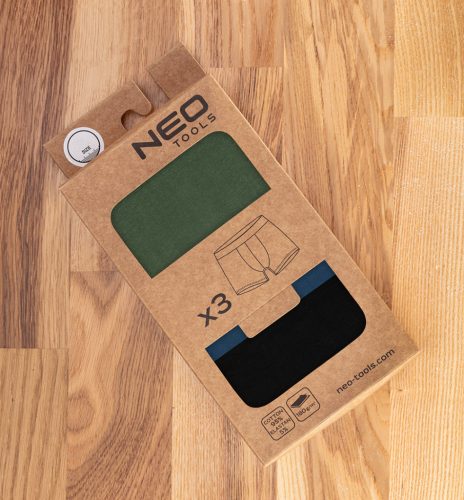 Neo Tools Boxeralsó, 95% pamut, 2% elasztán, olivazöld, kék, fekete, 3db, XXL