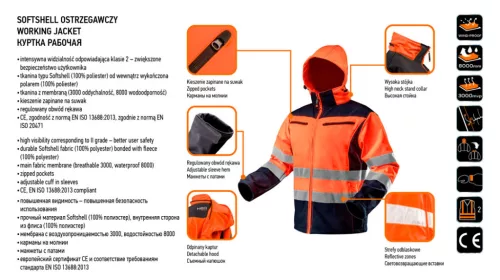 Neo Tools Láthatósági softshell munkavédelmi kabát, kapucnival, narancssárga, XL